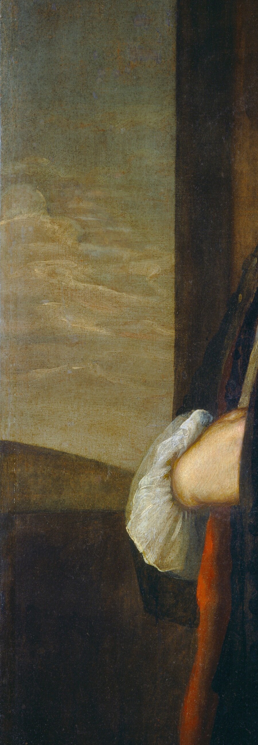 The impenetrable darkness on the left is a deliberate tenebrism-adjacent device: it isolates the sitter, eliminates spatial distraction, and makes the illuminated figure feel carved from shadow , this is Feke at his most controlled.