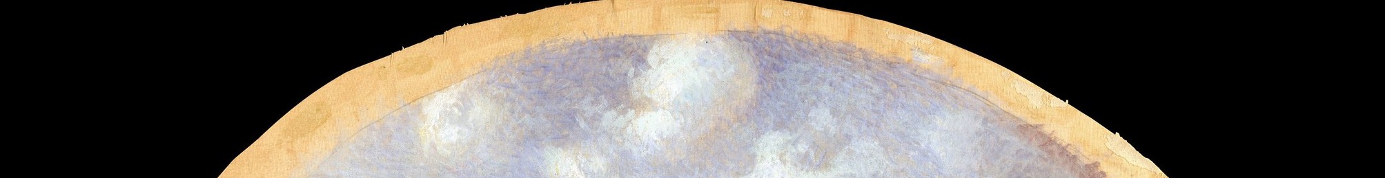 The fan's curved constraint forced Pissarro to fit a deep perspectival landscape into a semicircle , seeing how the horizon bends to follow the arc is itself the technique story.