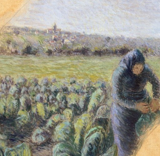The most prominent figure; her upright stance amid stooped labor implies a pause or social moment , a subtle status cue inside collective field work.