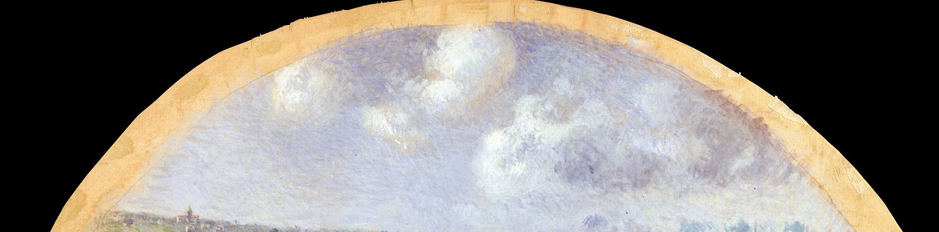 Pissarro exploits the curved format so the dome of atmosphere expands naturally upward , the sky feels larger than the earth below, which is the physical truth of standing in a flat field.