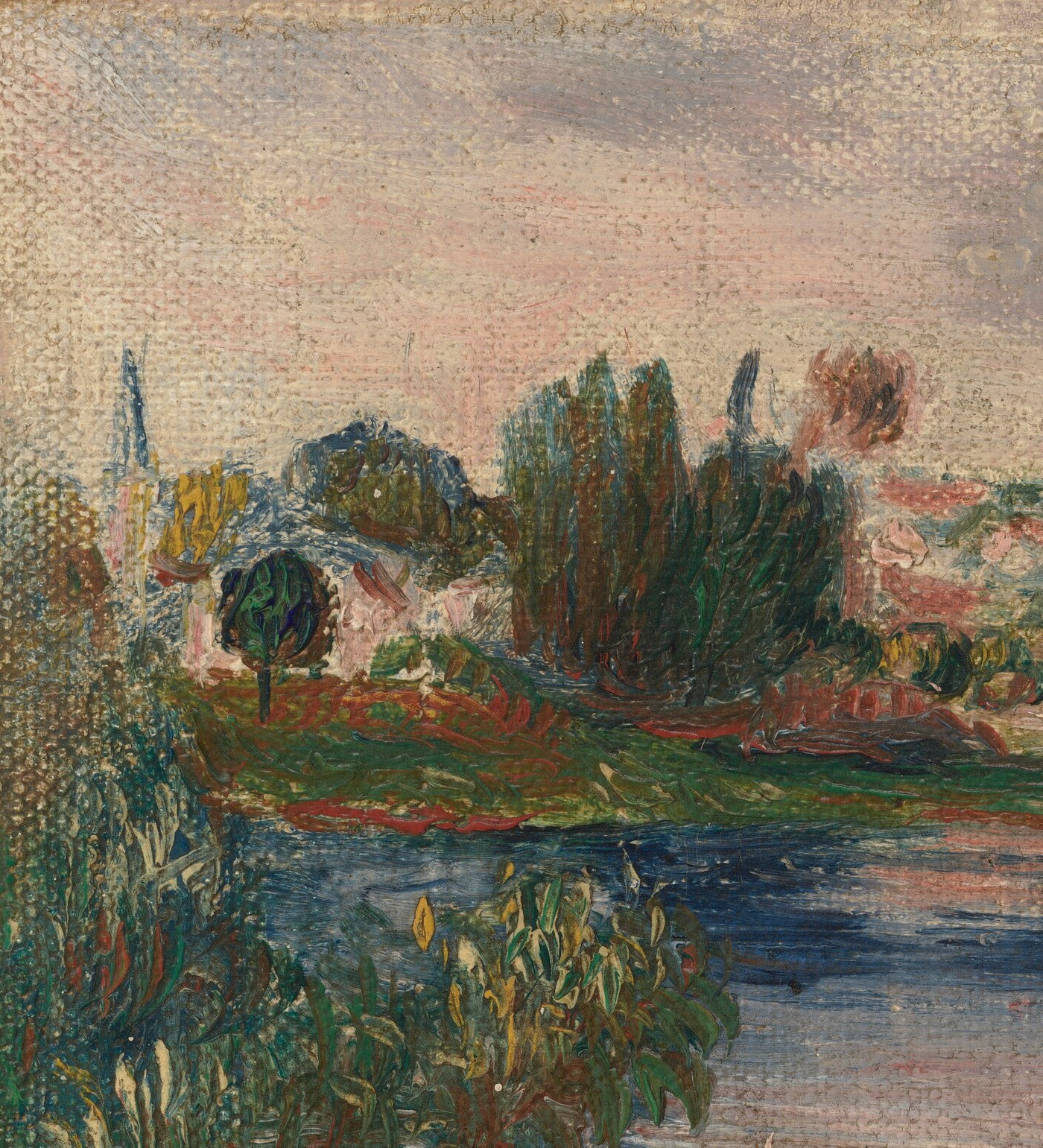 The compositional spine of the painting; Renoir's loose impasto strokes convey it swaying in a breeze rather than standing still, making mass from color alone