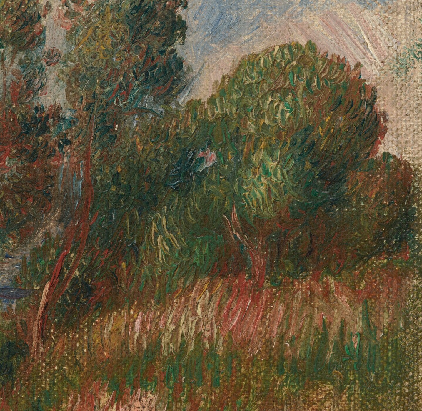 A wall of interlocking greens that closes the right side of the river; shows how Renoir builds volumetric mass through pure color variation, no outline