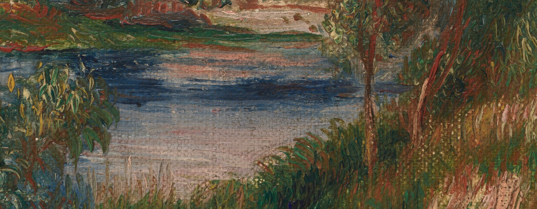 The still water acts as the painting's breathing room; its relative flatness amplifies the energy of the gestural brushwork surrounding it