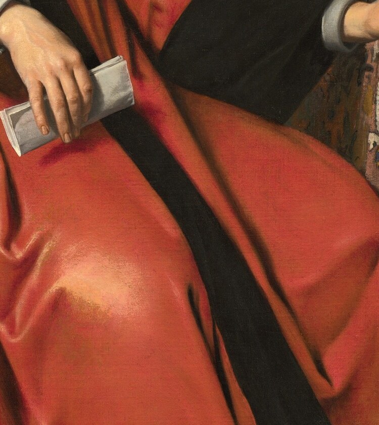 His right hand gestures toward books, affirming his legal world.