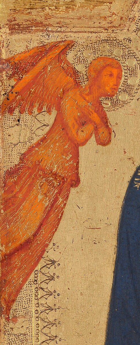 Angels attend the holy mother and child.