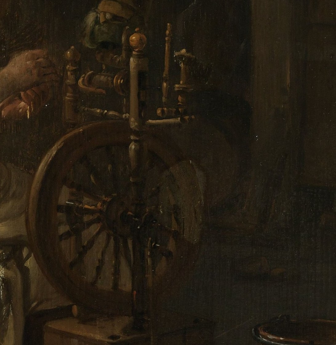 The intricate mechanism of the wheel suggests the skill and effort involved in textile production.