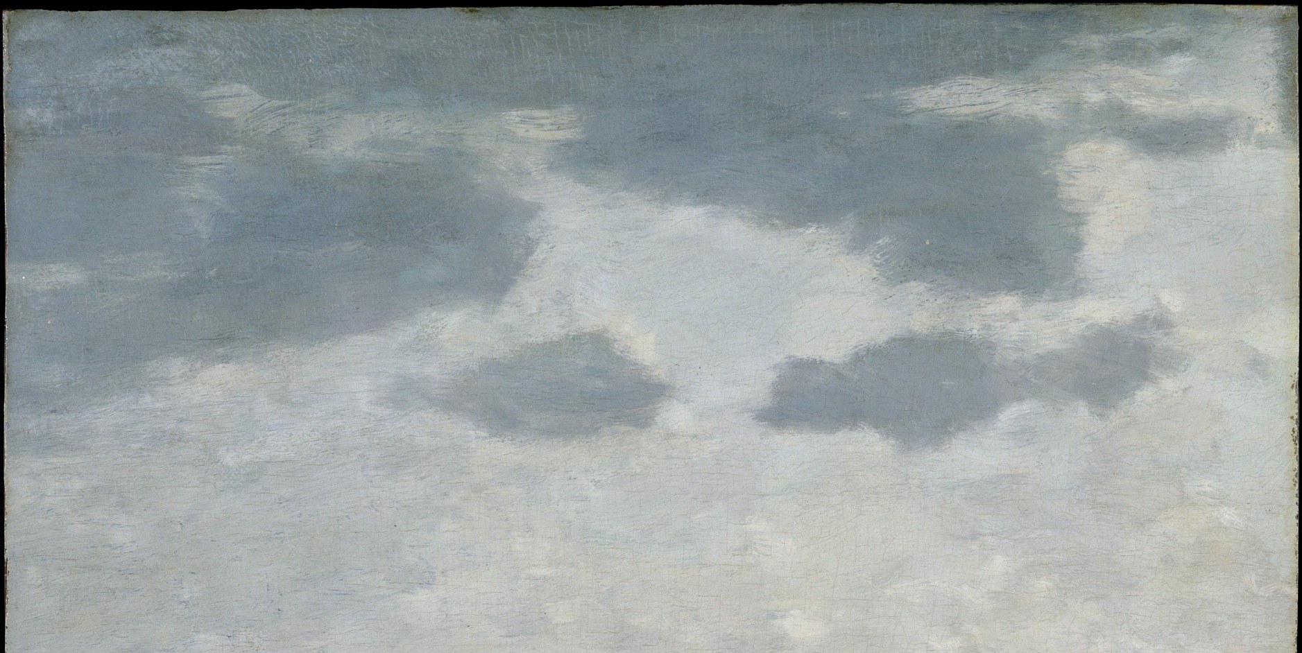 Boudin's sky is the technical showpiece , loose, rapid brushwork rendering shifting cloud architecture; the sky occupies as much canvas as the figures, a deliberate Barbizon-era choice
