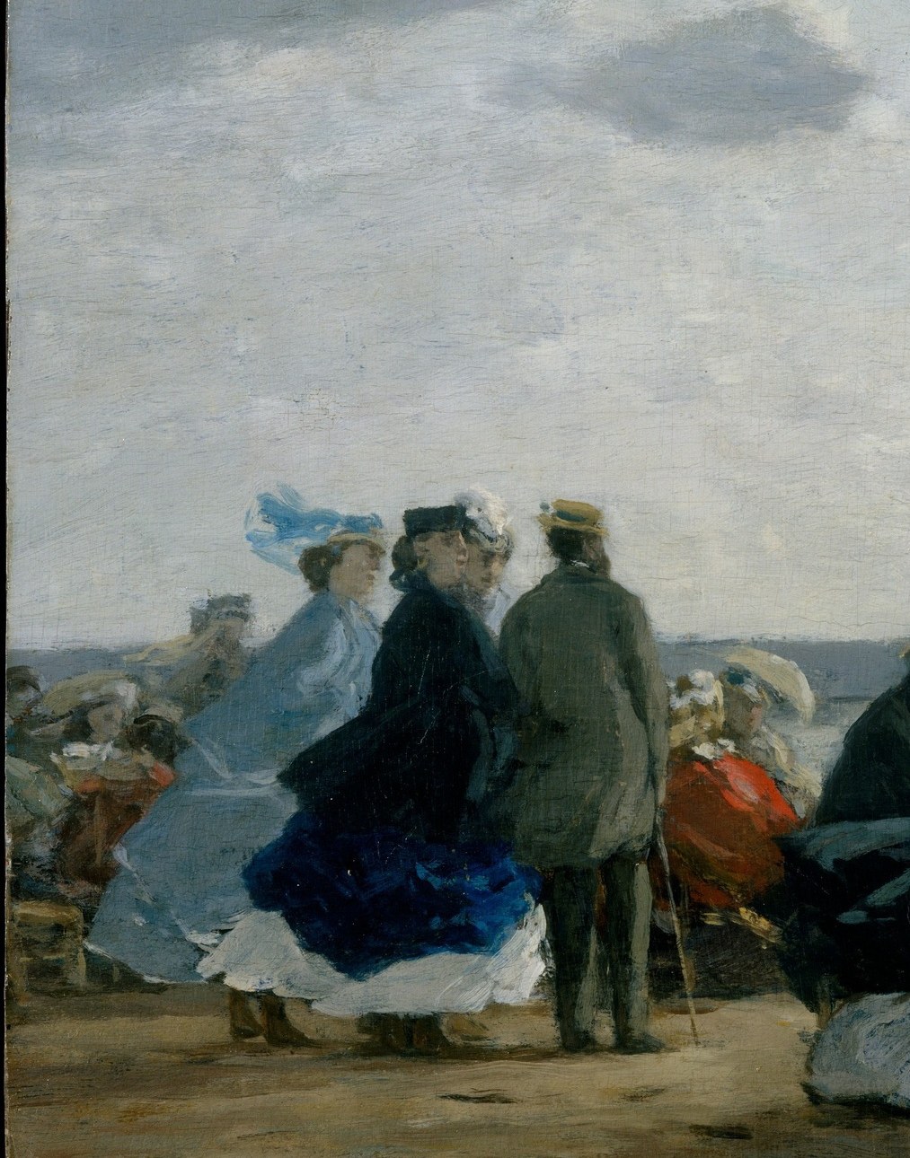 Five or more figures united by dark period dress and hats; their turned backs create collective contemplation, the social grammar of 19th-century leisure