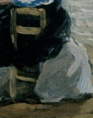 An unexpected surrogate viewer , the dog's gaze mirrors the human figures' seaward orientation, loading it with quiet symbolic weight beyond mere genre detail