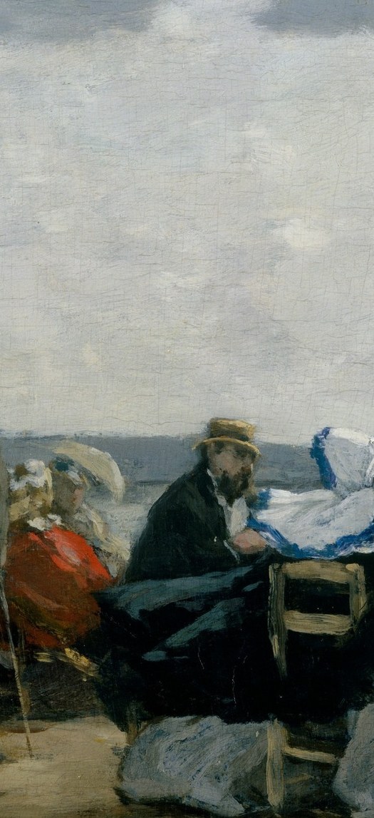 The lightest, tallest figure in the scene; her bright dress anchors the composition and pulls the eye rightward toward open beach and sea