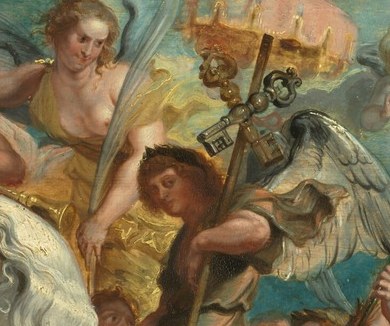 The trumpeting angel announces divine glory.