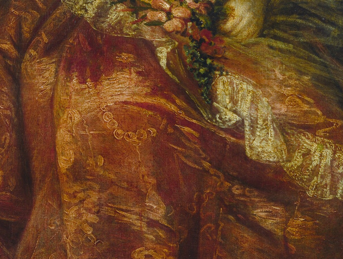 Her small hands hold a garland of flowers, an emblem of fleeting youth.