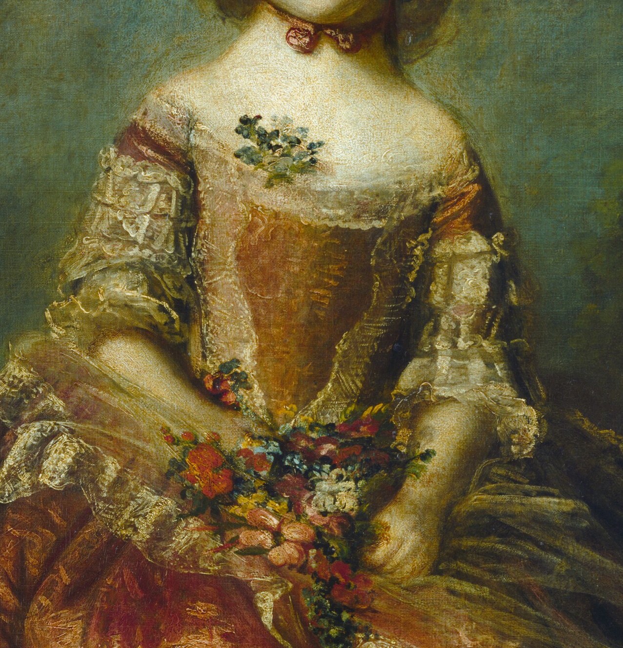 Reynolds' handling of red silk is a technical set piece: the colour holds warmth in shadow and blazes in the lit passages, demonstrating his debt to Van Dyck's costume painting.