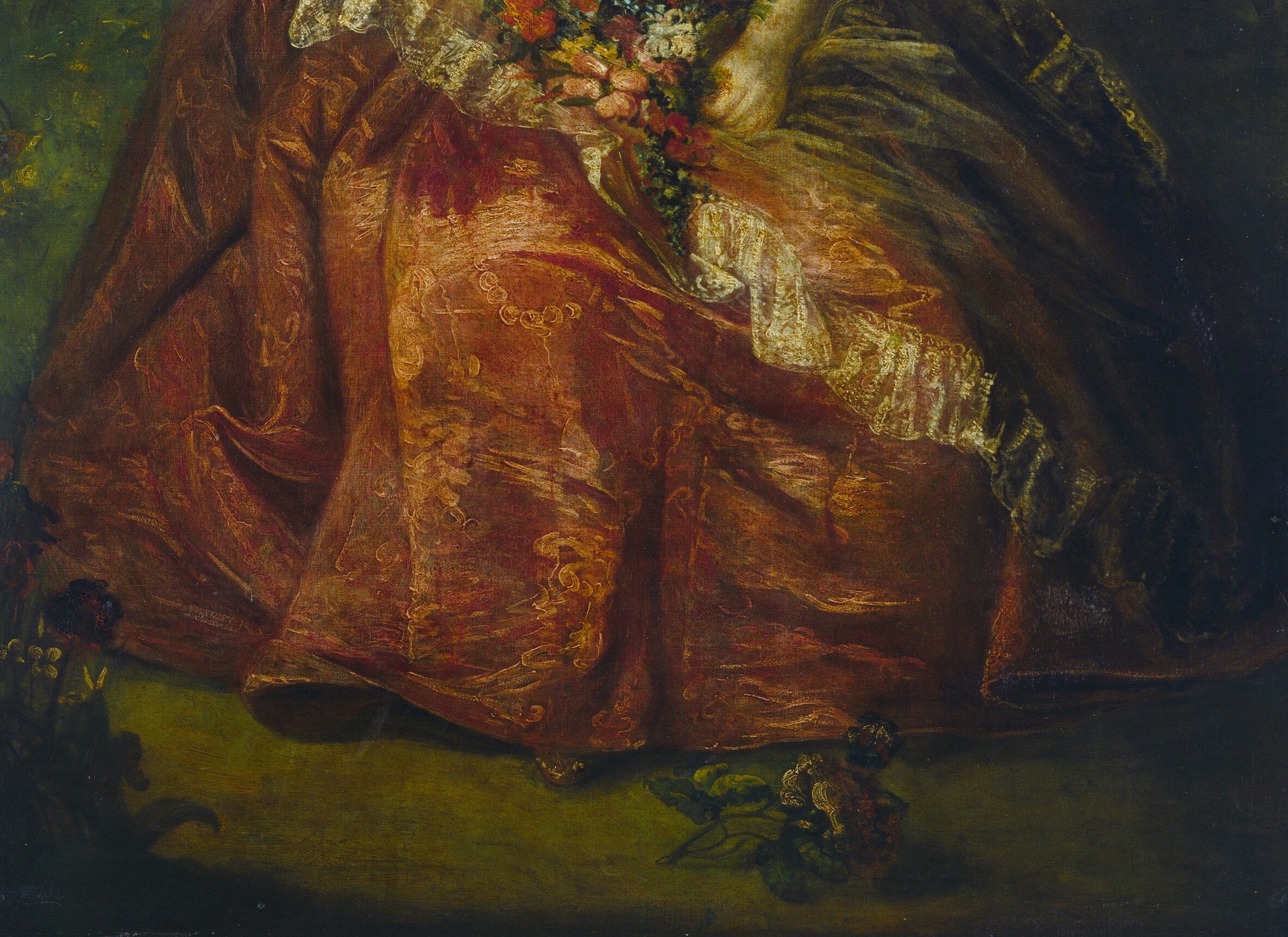 The red silk dress is a dynastic uniform, swallowing her small frame.