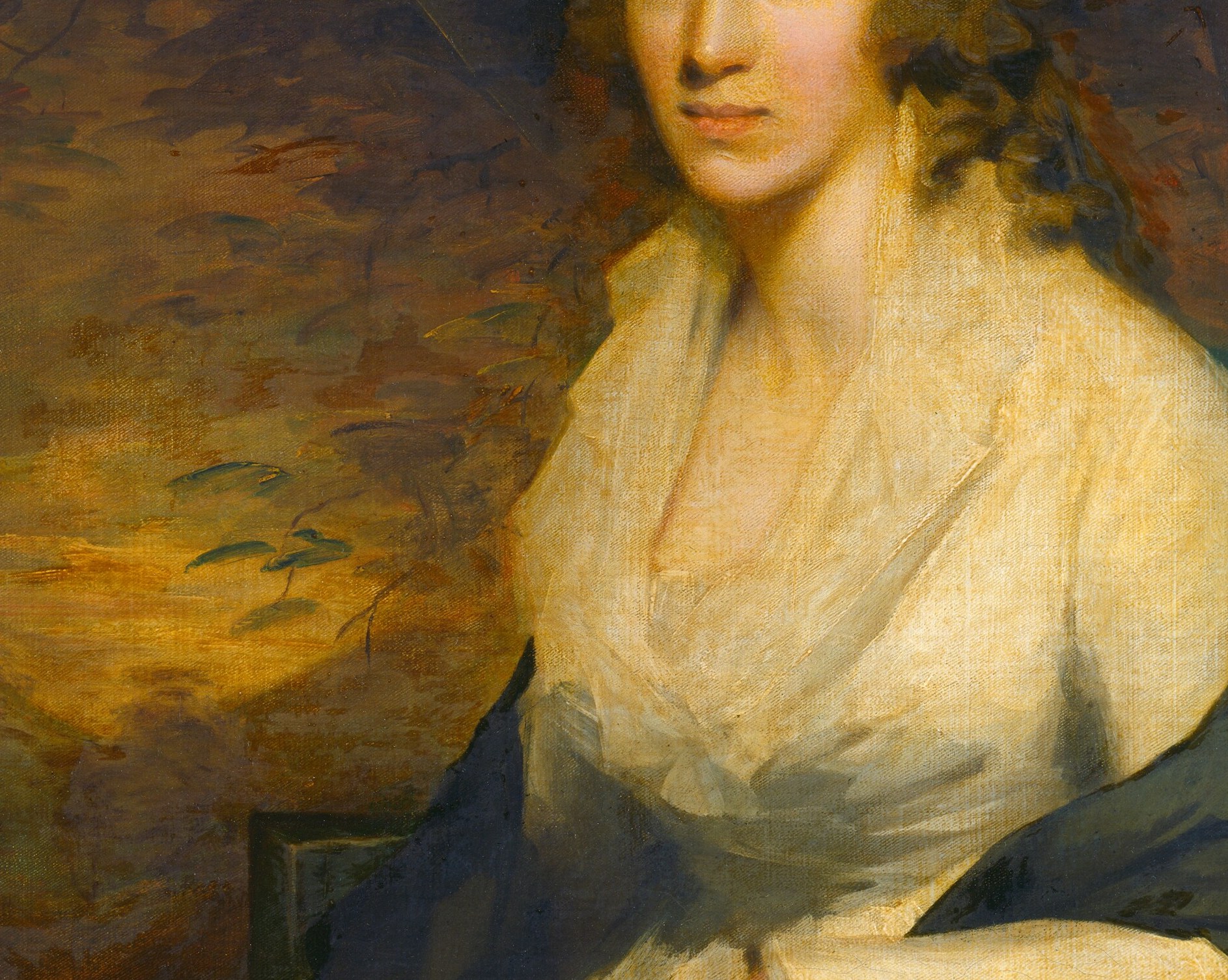 Brilliant white against deep shadow , Raeburn laid in the dress with broad, loaded strokes that read as textile from a distance and as pure paint up close.