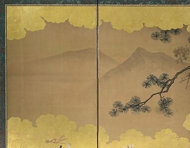 Dark silhouette against gold ground; frames the composition's left edge with the classic Kano school contrast of organic form against precious metal leaf