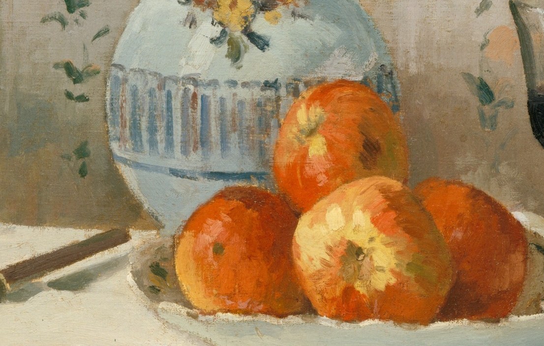 Three apples, thick with paint.