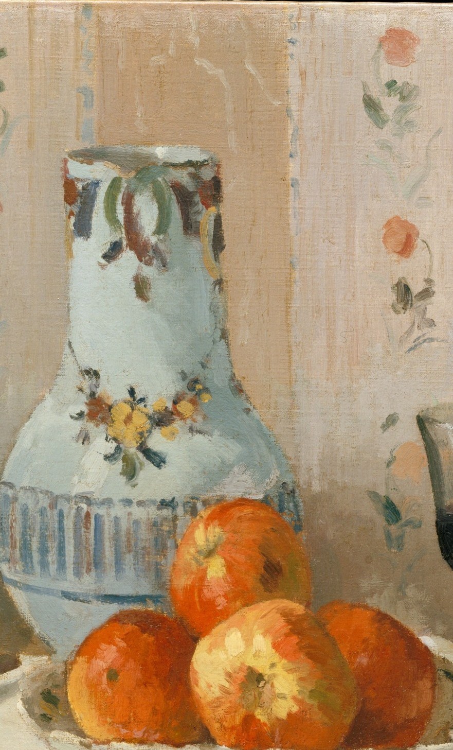 The dominant vertical anchors the composition; its painted floral motifs reward close inspection and contrast with the rough impasto of the fruit