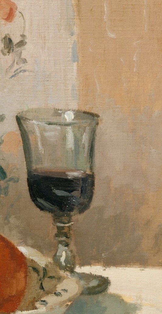 Translucent red wine reads as a quiet luxury note; the glass's thin stem and reflected light show Pissarro's confidence with transparency