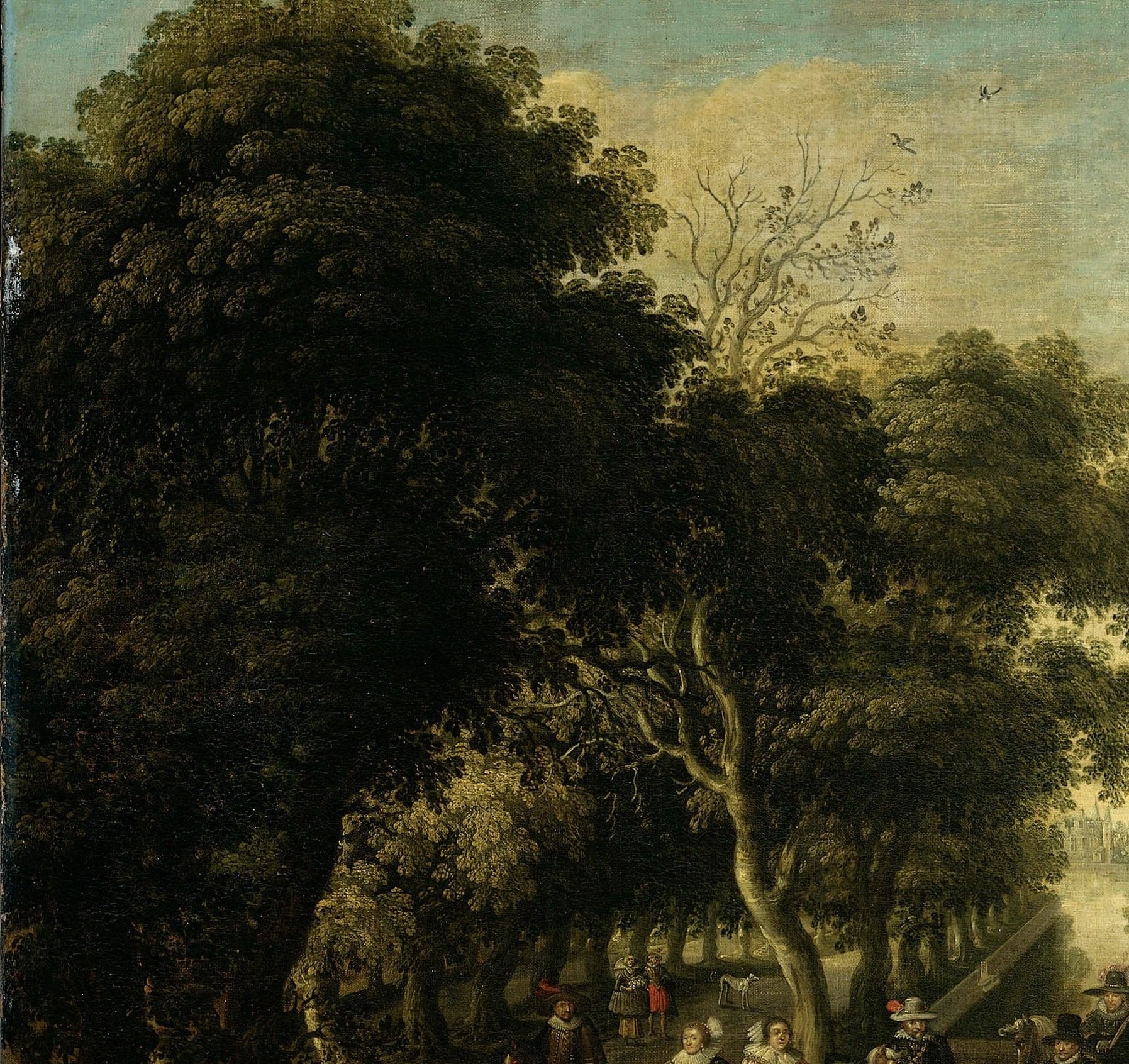 Its dense foliage and dark shadows create a dramatic contrast and frame the scene, adding depth.