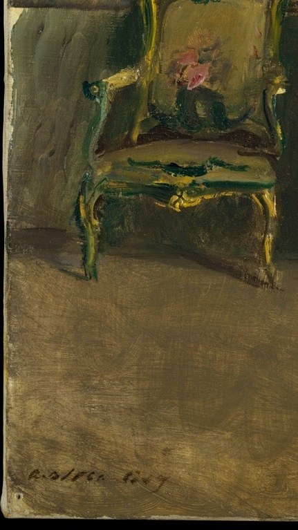 Its curved Rococo back and empty seat suggest a departed occupant; the chair invites the viewer to imagine the room's absent inhabitants.