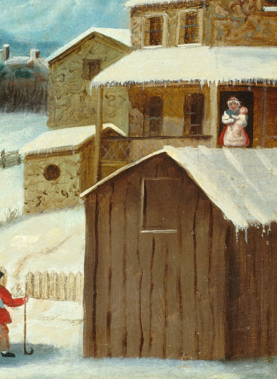The figure in the window offers a glimpse into domestic life, observing the outdoor activity.