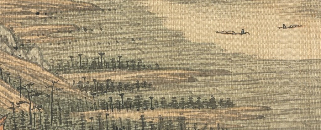 Mountain peaks dissolve into mist, a technique called kong mo.