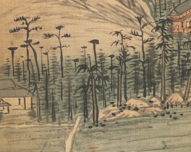 A red-roofed scholar's retreat nestles in the forest.
