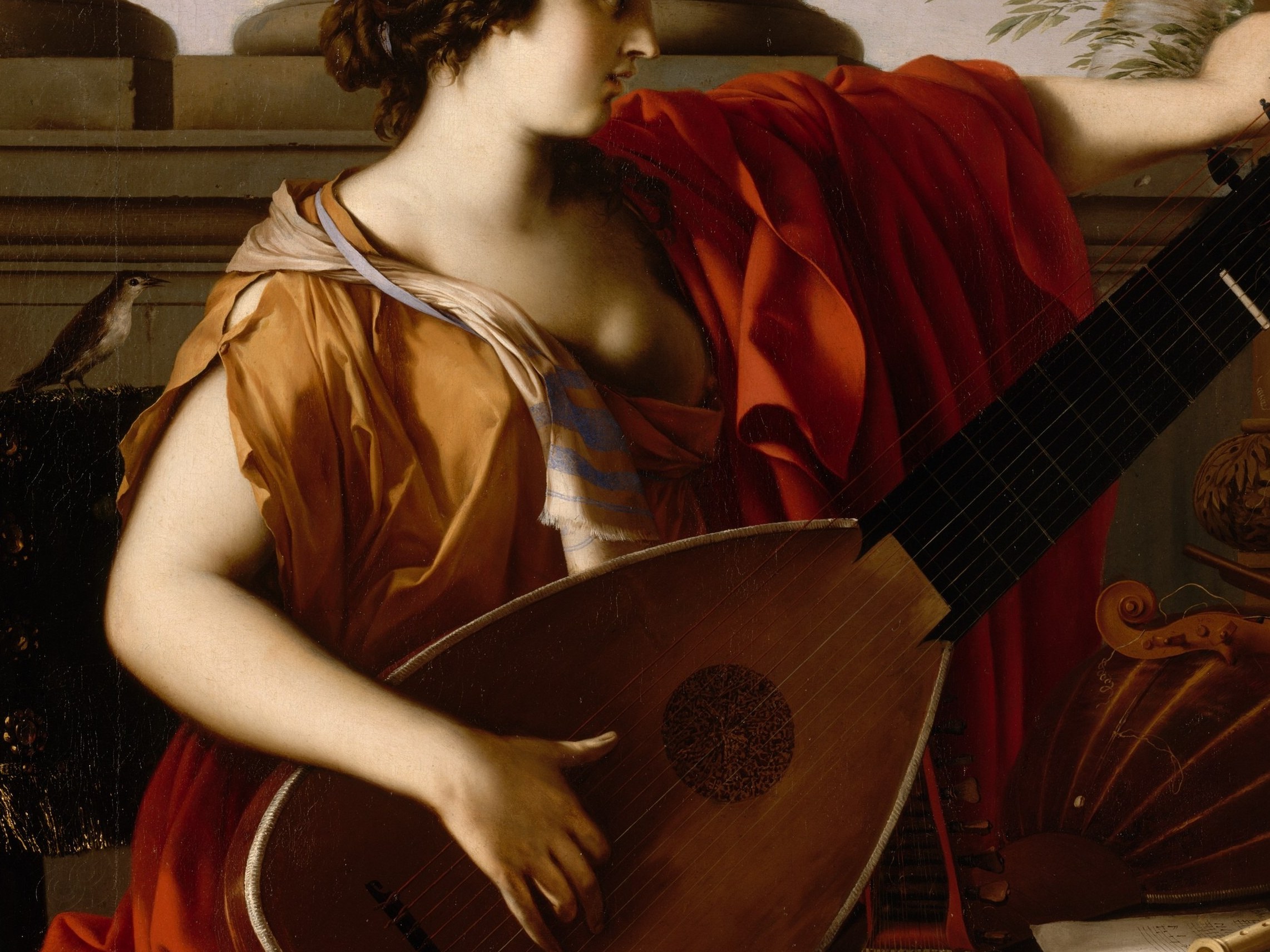 The pear-shaped resonating body identifies this as a theorbo or archlute , a prestige instrument of mid-17th century French court culture; its dominance anchors the allegory in real practice