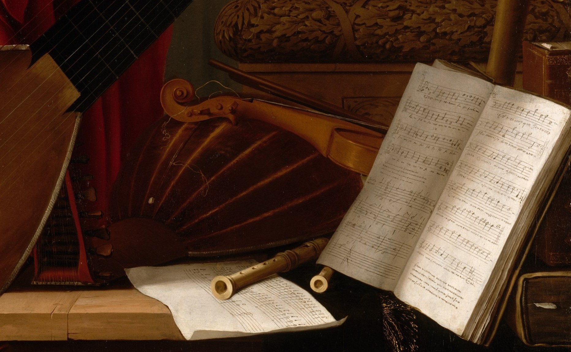 Written notation grounds the allegory in learned musical tradition; close inspection may reveal clef markings or staves suggesting actual polyphony of the period