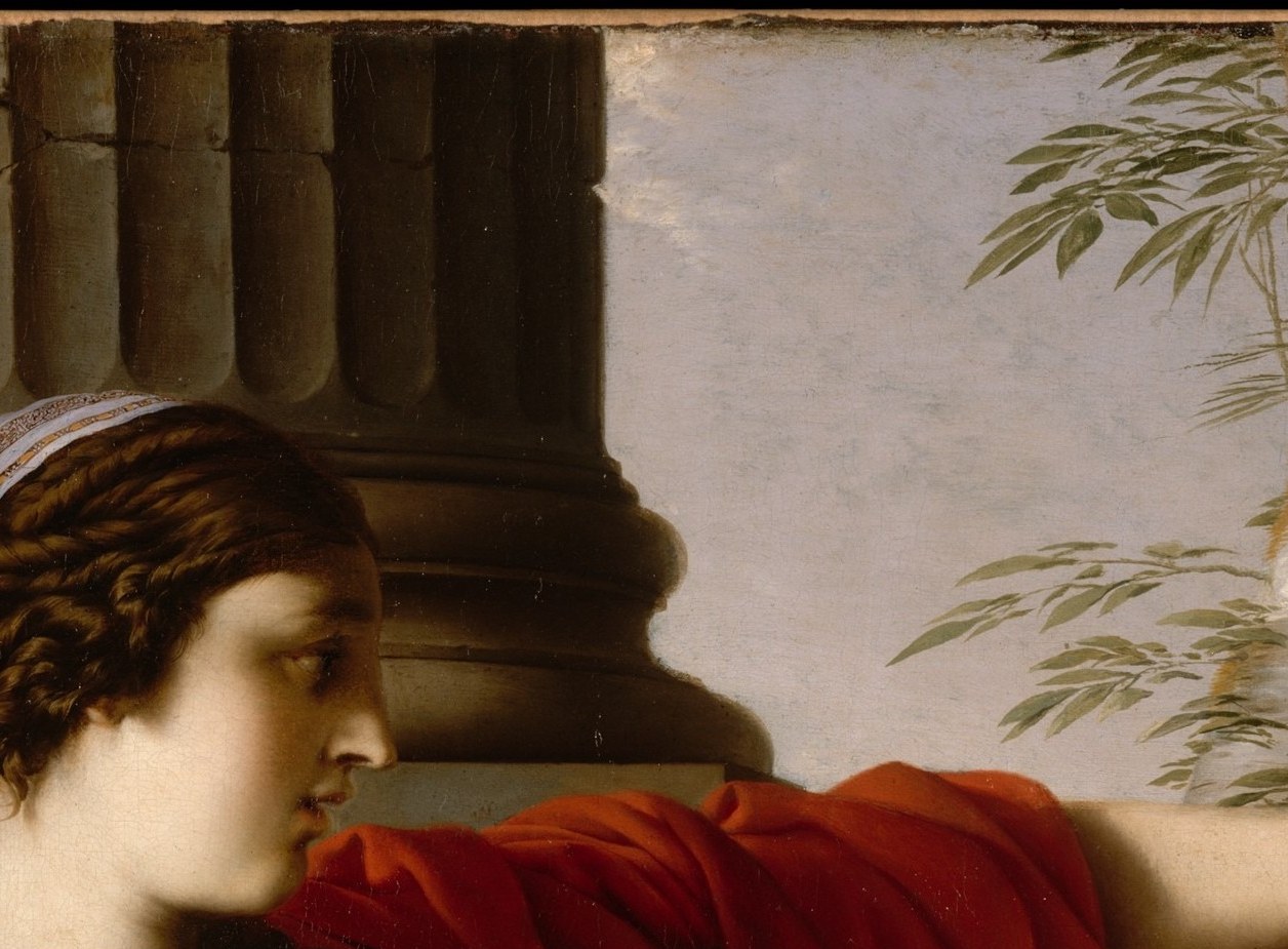 Her gaze is directed upward and right, suggesting rapture or divine inspiration , the emotional apex of the allegory, rendered with idealized classical softness