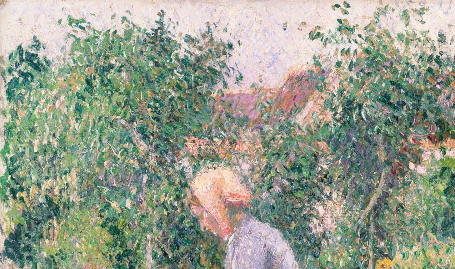 Pissarro's Neo-Impressionist broken brushwork is most visible here , thousands of individual dabs of green, yellow and white build a shimmering canopy that rewards magnification.