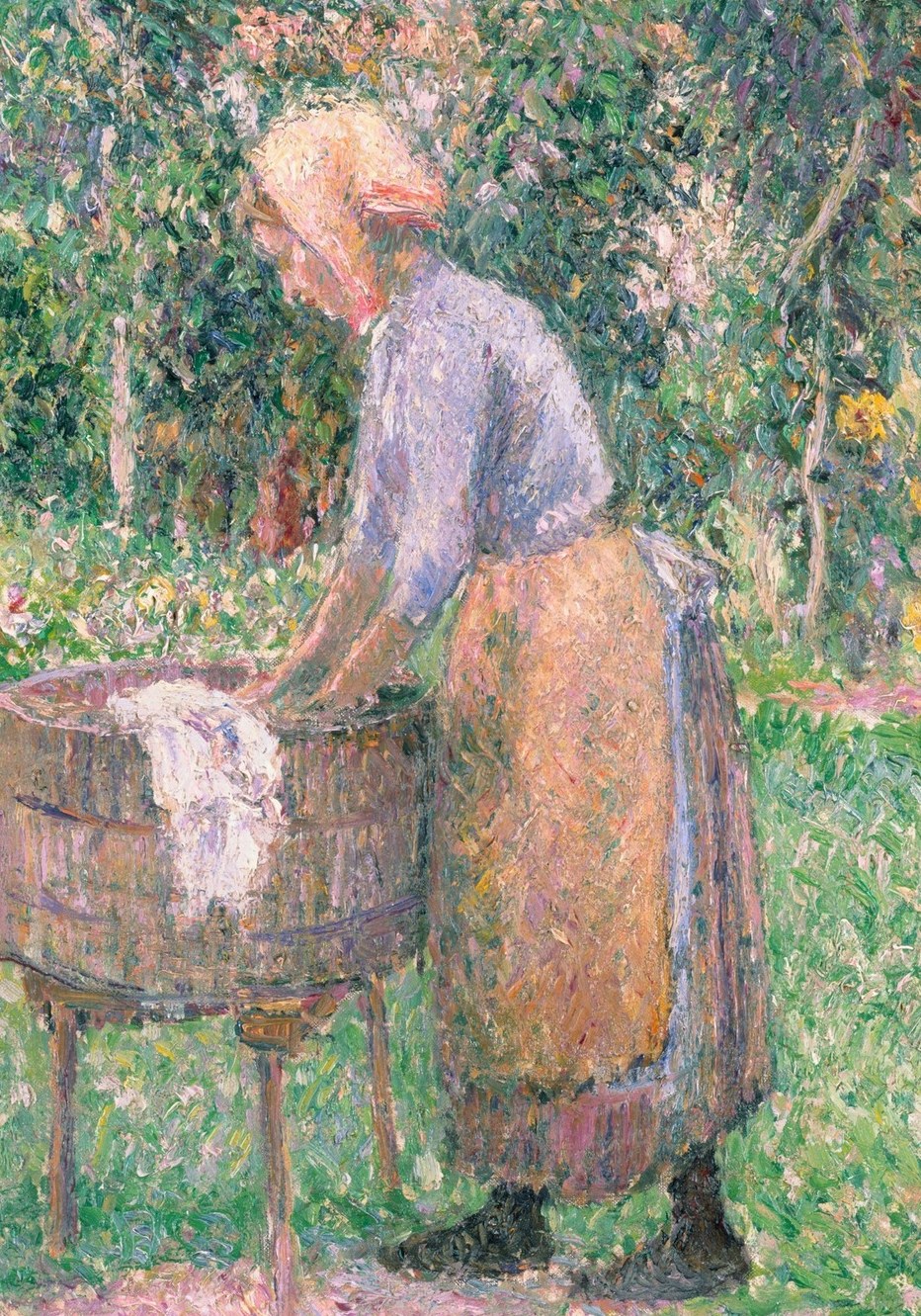 The central figure defines the painting's mood , her curved posture conveys absorption in labor, a quiet dignity Pissarro habitually found in peasant work.
