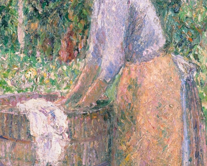 The bright white cloth is the painting's lightest passage , Pissarro uses it as a luminous focal anchor and to show how laundry work looked before industrial washing.