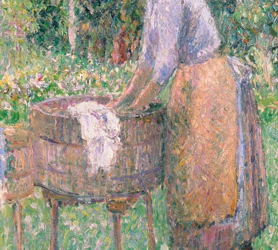 The tub is the pivot of the scene; its circular form and warm ochre wood anchor the composition and mark this as a specific domestic ritual rather than a generic figure study.