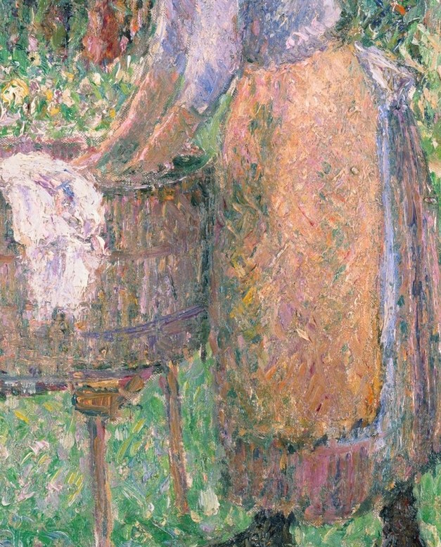 The warm ochre apron is a defining color note, marking her as a working woman and creating a warm triangle that grounds the otherwise cool-green scene.