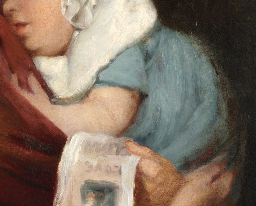 She cradles a sleeping child in a simple blue garment.