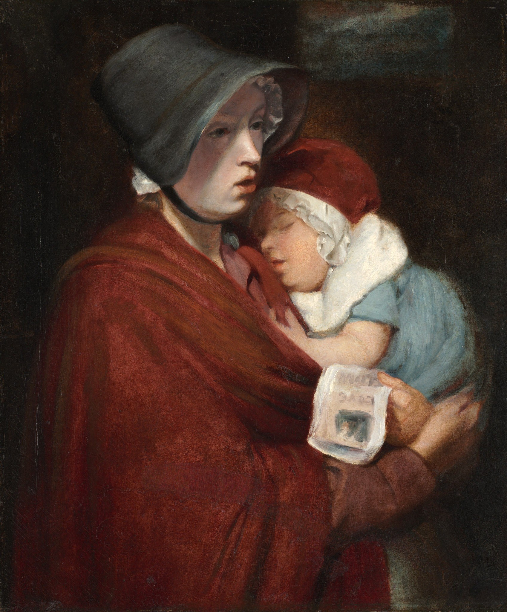 The deep, indistinct background pushes the figures forward, intensifying the focus on their emotional connection and the intimacy of the scene.