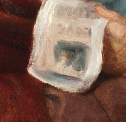 The paper in her hand could be a song or a message.