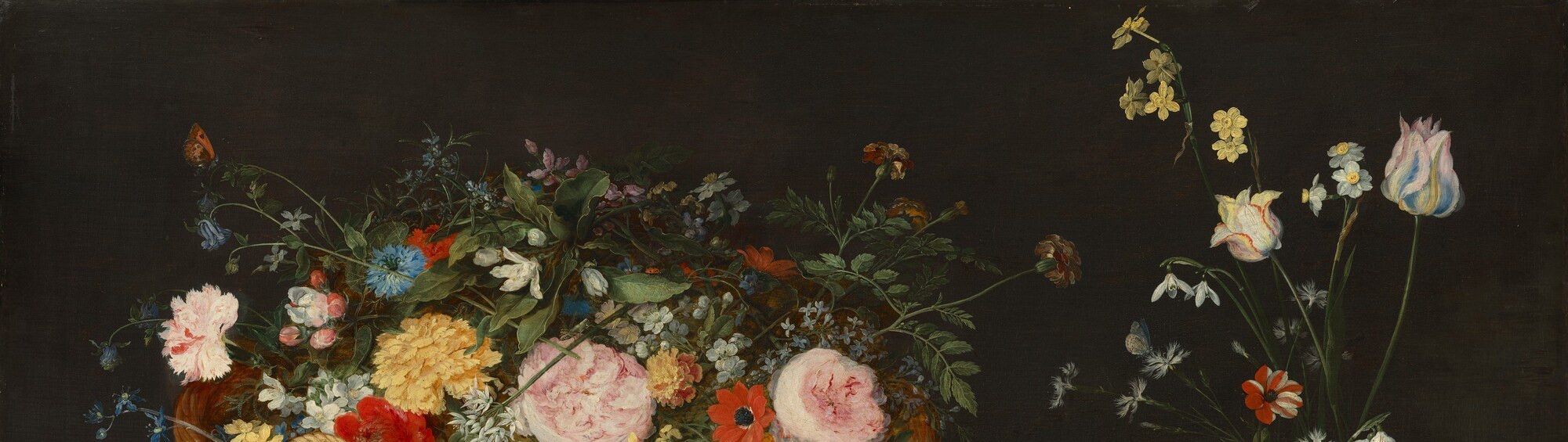 The tenebristic ground, borrowed from Caravaggio, forces every color to its chromatic maximum and makes blooms appear self-luminous , a compositional strategy that transformed Flemish still-life painting.