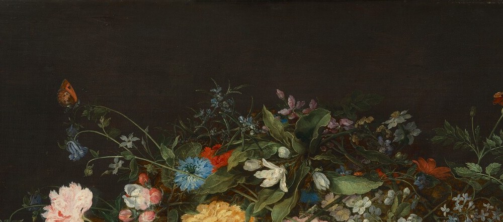 Tulips were speculative commodities in 1615 Flanders; their prominence at the apex of the composition is also a status declaration about the patron's access to rare bulbs.
