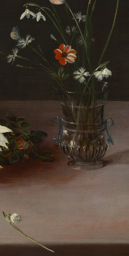 Rendering transparent glass convincingly , the wall thickness, the refraction of stems, the highlight on the rim , was among the hardest technical feats in Flemish oil painting; Brueghel makes it look effortless.