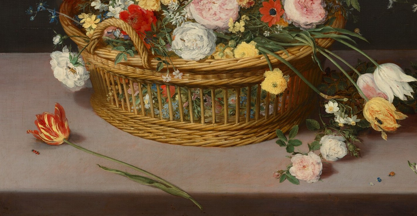 The densely interlaced wicker is a deliberate texture foil against silky petals , Brueghel's ability to render two entirely different surfaces on the same panel is the core technical argument of the painting.