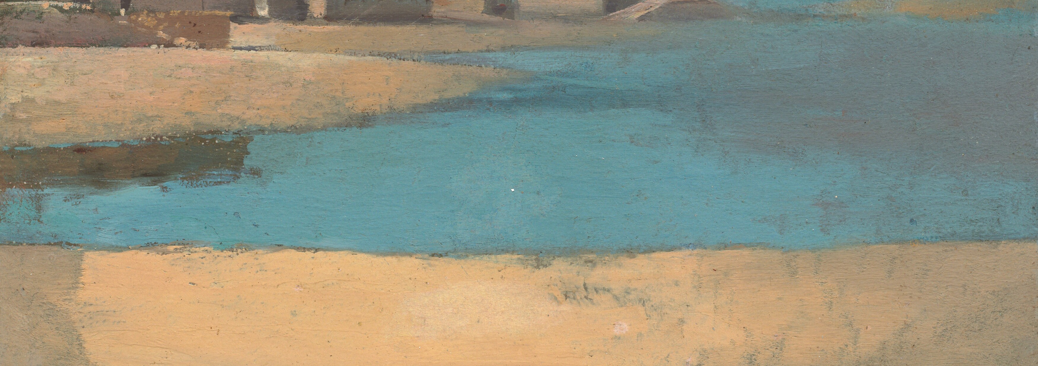 The textured sand, rendered with broad strokes, invites a tactile response and grounds the scene.