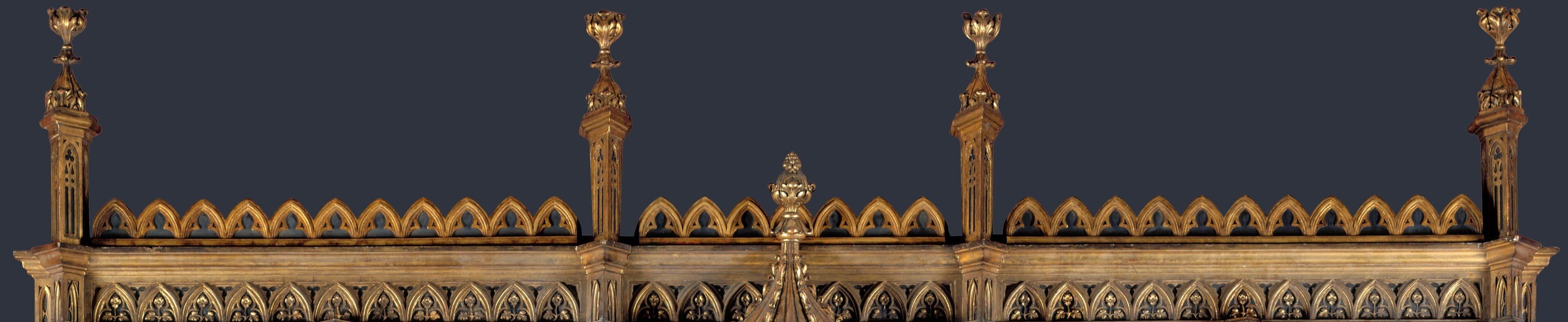 Continuous decorative program unifying ten separate panels into one architectural fiction; the micro-scale punctures and cusping reward extreme close-up inspection.