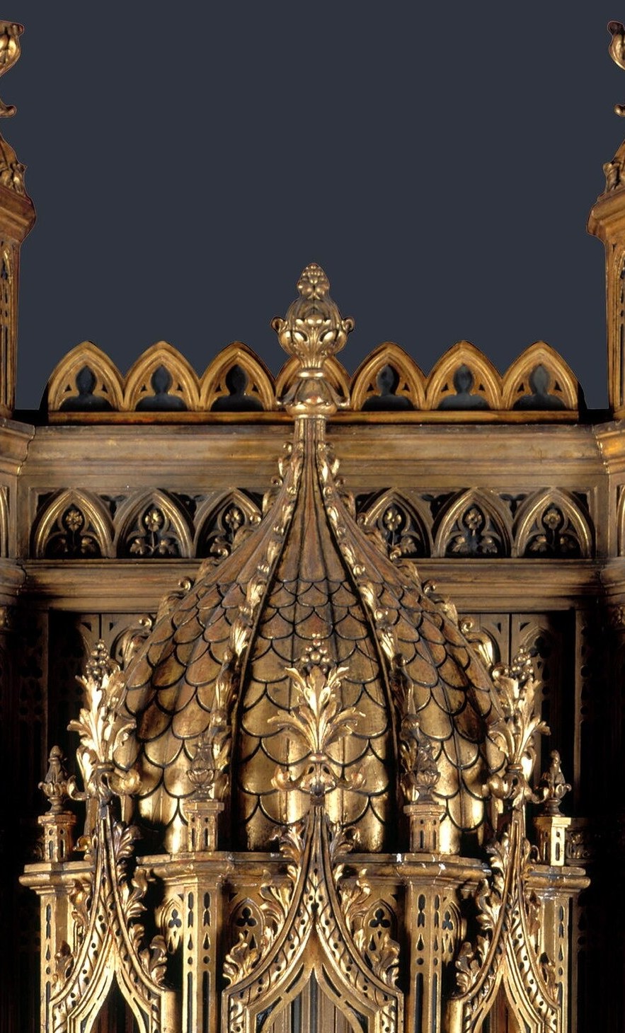 The most architecturally elaborate passage: micro-scale tracery, crockets, and a finial that echoes the frame of a reliquary , Crivelli treating the altarpiece as goldsmith's work.