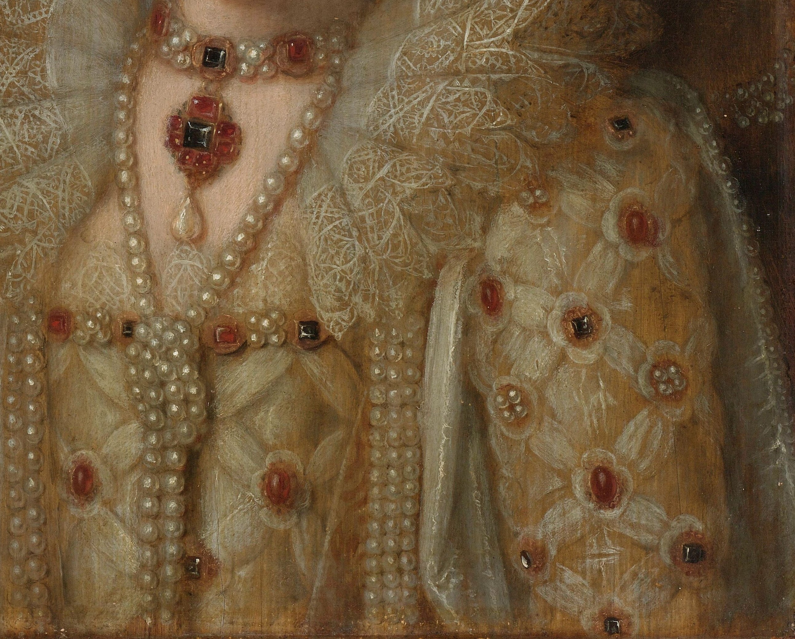 The richly embroidered fabric, studded with pearls and jewels, speaks to her immense wealth and status.