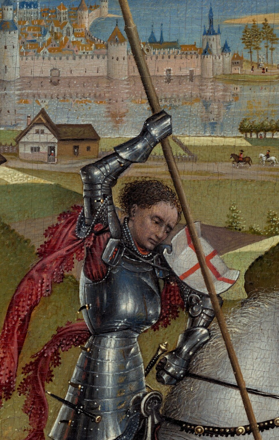George's armor mirrors Van Eyck: light conquering dark.