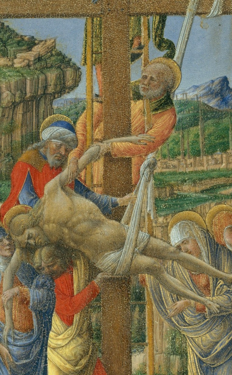The central figure of Christ bears nine clean slashes across his body.