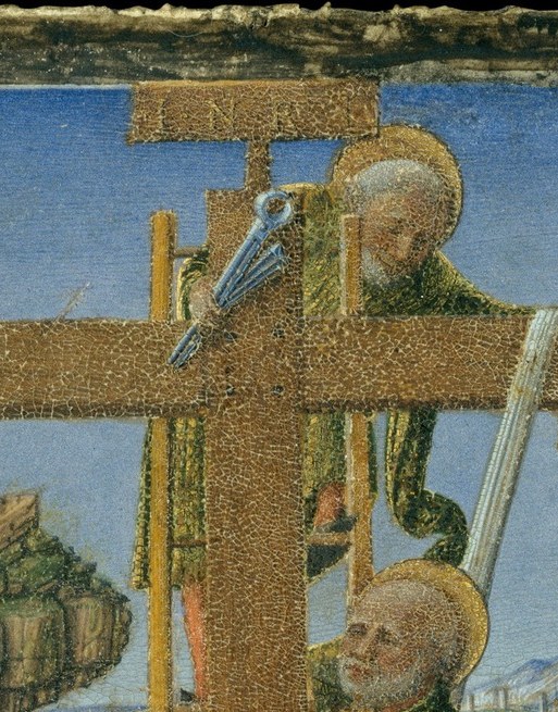 The cross functions as the structural anchor; the trailing white shroud creates a diagonal leading the eye downward toward the body.